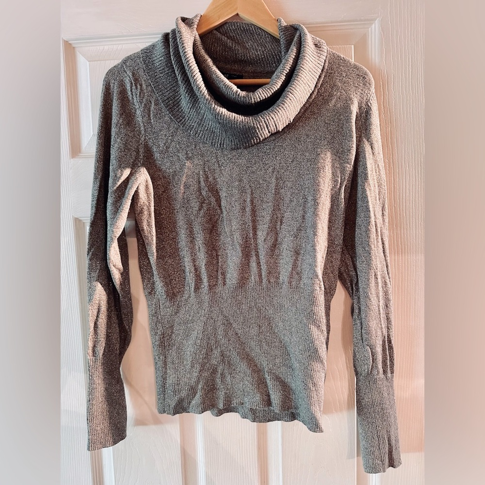 Silvery sweater Banded at lower arms & waist for fit. Cowl neckline Size L